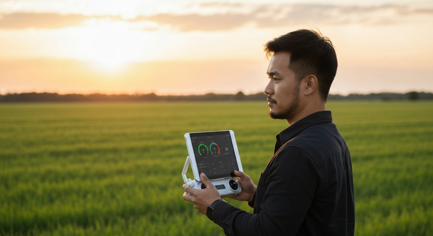 Piloto profissional de drone usando checklist pré-voo no aplicativo Drone Ops