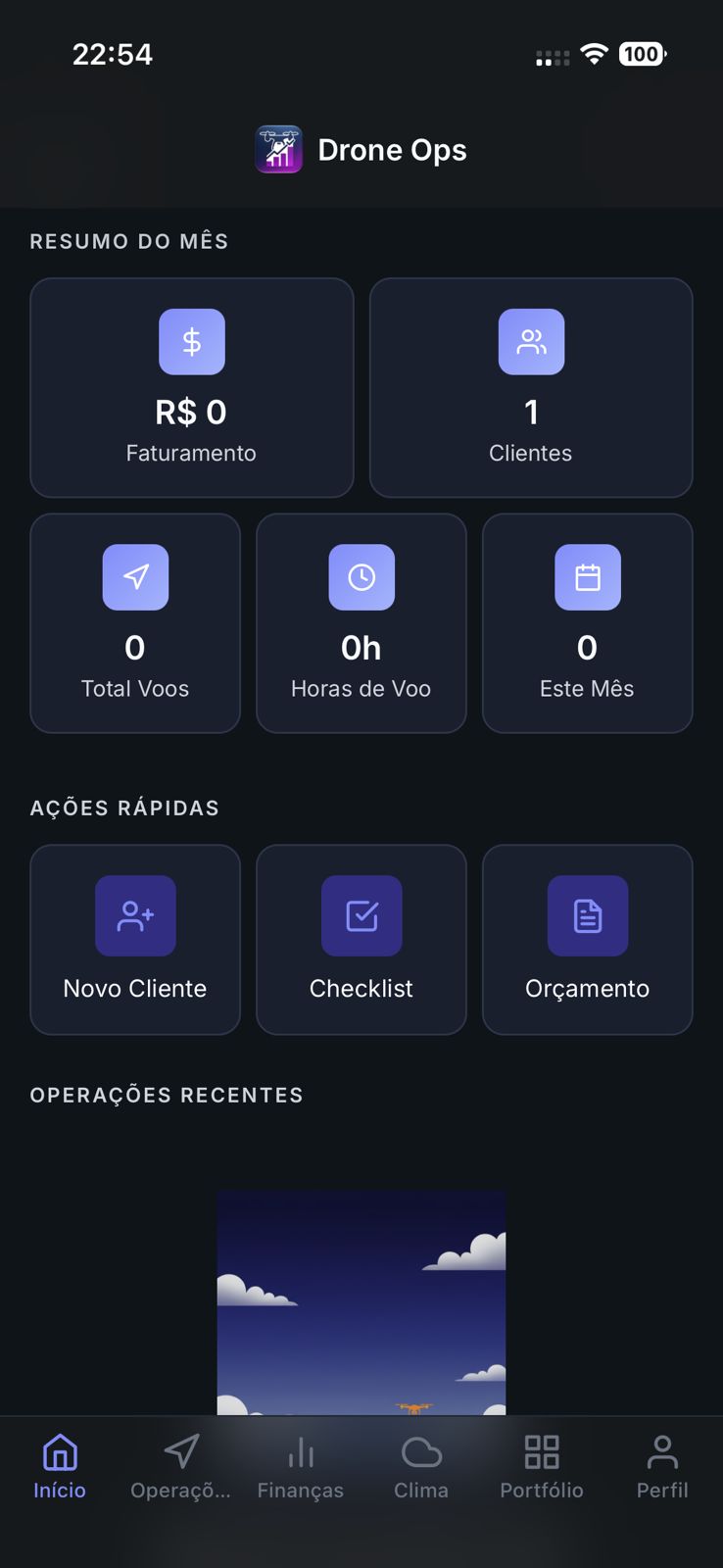 Tela inicial com resumo do mês e ações rápidas