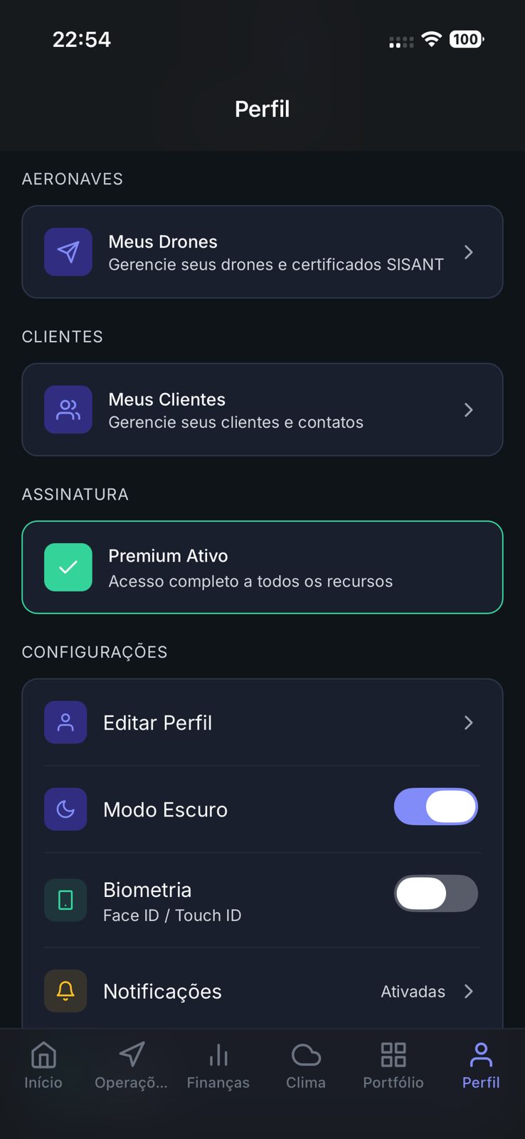 Perfil do piloto com configurações e assinatura